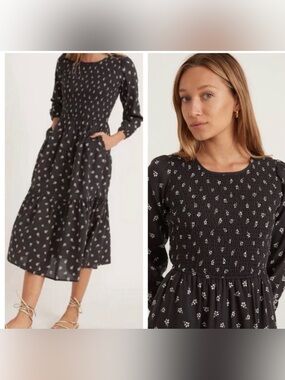 Marine Layer Black Floral Smocked Tiered Midi Dress